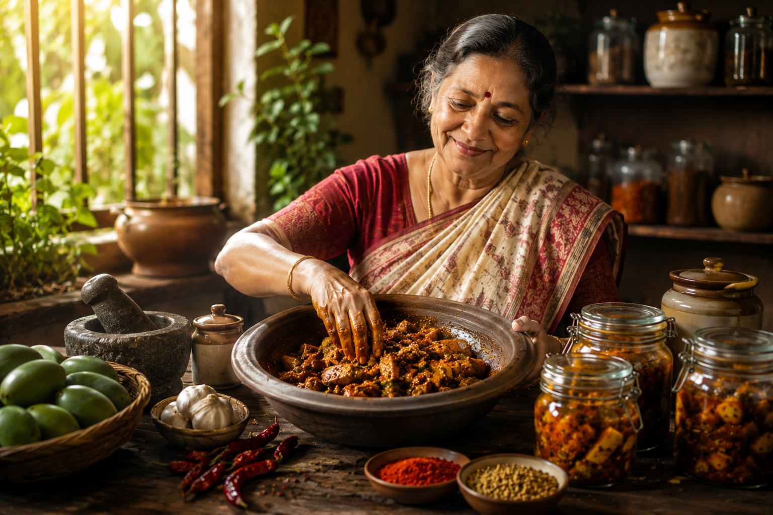 মায়ের হাতে আচার তৈরির দৃশ্য